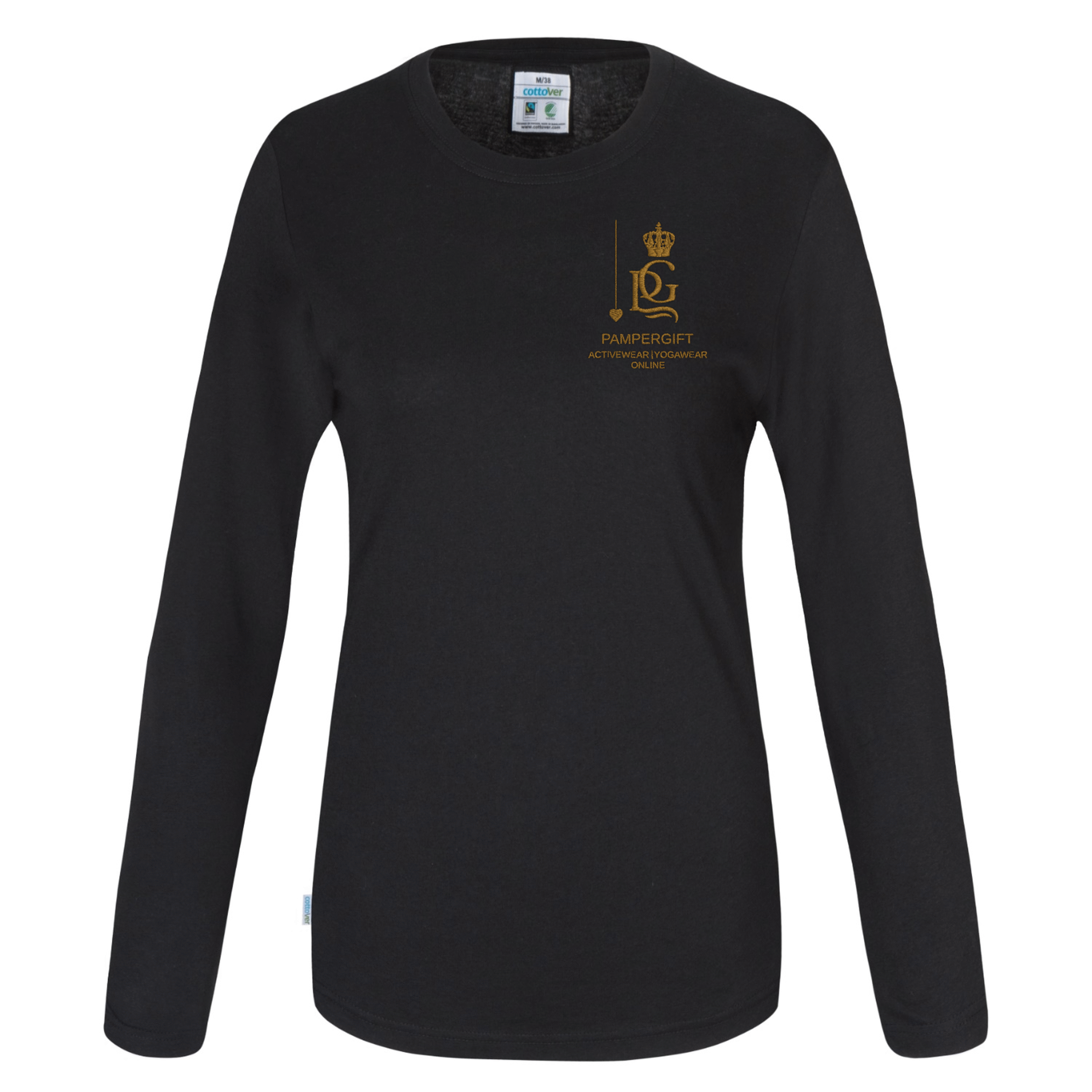 an image of a black women's t shirt with a gold logo