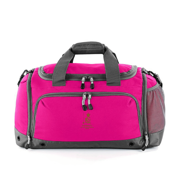 an image of a pink gym bag with a logo