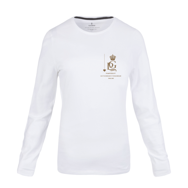 a picture of a white long sleeve t shirt with god logo