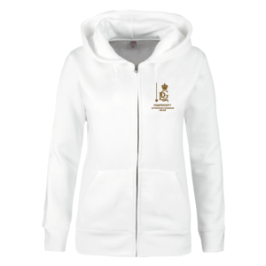 this is a picture of a white hoodie with a logo on it it has a gold logo