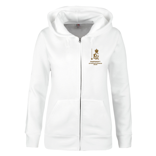 this is a picture of a white hoodie with a logo on it it has a gold logo